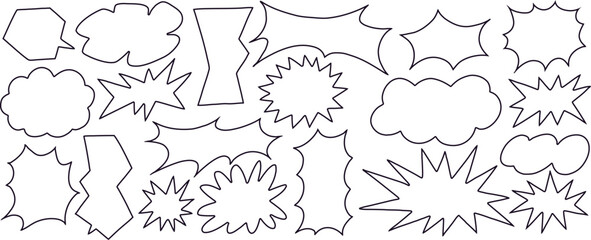 Outline comic speech bubbles and explosion shapes for dynamic graphic design. Hand-drawn blank frames perfect for dialogue, captions, and creative layouts. Clean editable vector set for comics, poster