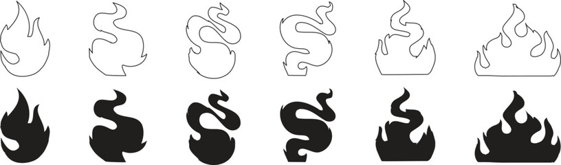 Minimal fire and flame icon set featuring bold solid shapes and clean line outlines. Versatile burning symbols designed for safety, alert, and graphic UI themes. Perfect for digital apps, signage, 