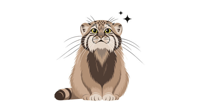 A cute and fluffy cartoon Pallas's cat sitting upright and looking curious, with sparkles indicating its charm and uniqueness.
