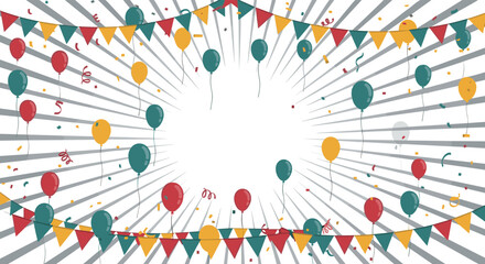 A festive and dynamic party background with radiating lines, colorful balloons, confetti, and bunting flags creating a central focus.
