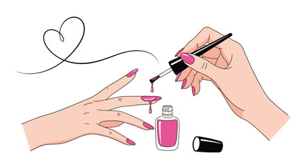 A stylish illustration of a manicure in progress with pink nail polish, featuring a whimsical continuous line heart in the background.