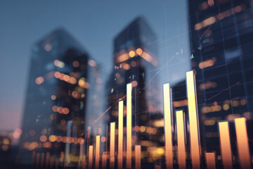 Golden data bars rising over futuristic city skyline, representing digital finance, growth, analytics, and innovation concept.
