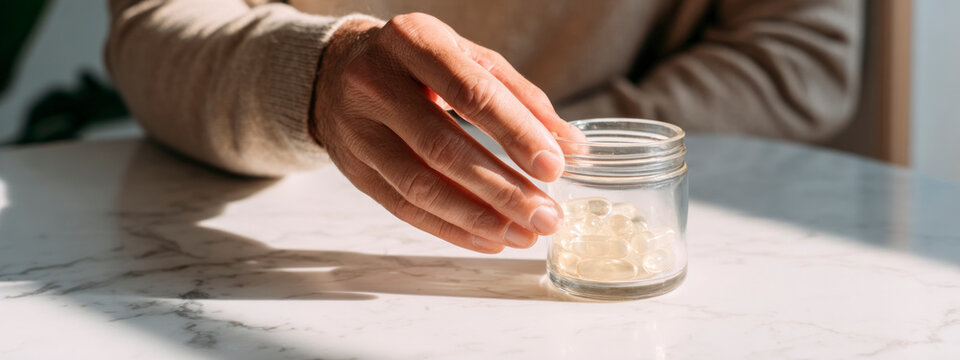 Hand holding jar of colostrum supplement capsules for immune support and microbiome health. banner 