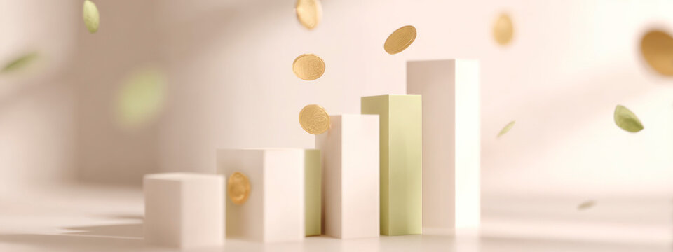 Minimal 3D bars with floating golden coins on beige background, symbolizing finance, investment, and business growth concept in soft light. banner
