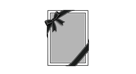 A simple and somber mourning frame with a black ribbon tied in a bow at the corner, used for obituaries or condolences.