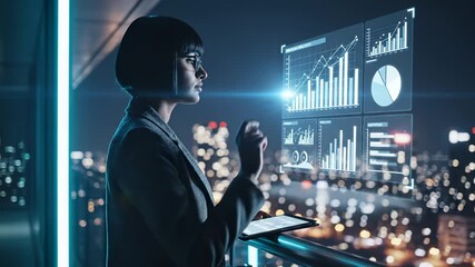 Woman works with futuristic data interface at night. This professional analyst uses a tablet to interact with holographic charts. This woman analyzes data with a city view. Futuristic technology. - Powered by Adobe