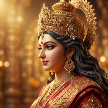 Golden crown and red sari with pearl jewelry Indian HINDU goddess