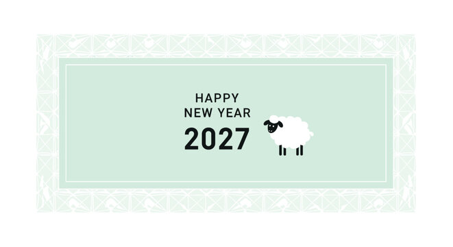 A minimalist New Year's greeting card for 2027 features a simple sheep illustration and modern typography on a pastel green panel.