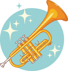 Golden trumpet with sparkling stars on blue background