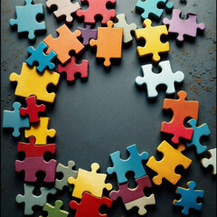 Obraz premium Colorful puzzle pieces scattered in a circular arrangement on a dark background, symbolizing problem-solving and collaboration.