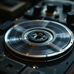 Close-up of a vintage reel-to-reel tape recorder with the tape spinning, showcasing classic audio technology and retro design.