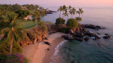 Aerial View Of Tropical Beach With Lush Palm Trees And Rocky Shoreline At Sunset