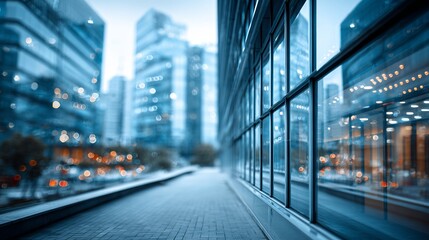 Obraz premium Modern city architecture with glass windows reflecting urban lights, capturing a dynamic and vibrant cityscape for inspiring business and travel designs