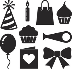 Black party icons including hat balloon cupcake and bow