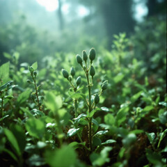 Obraz premium Close-up of vibrant green plants with developing buds in a soft, misty forest environment.