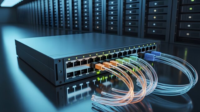 Network switch with network optic fiber cables in modern server room data center. 3d illustration