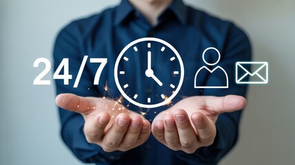 Business professional presents continuous support options with glowing digital icons above outstretched hands