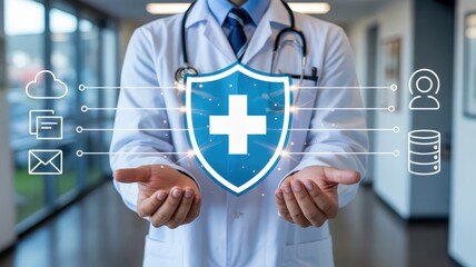 Medical professional presents a glowing digital shield emphasizing data security and health protection