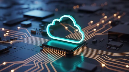 Glowing digital cloud symbol rests atop a central processing unit on a futuristic circuit board