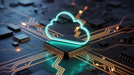 Glowing digital cloud symbol rests atop an electronic microchip on a complex circuit board