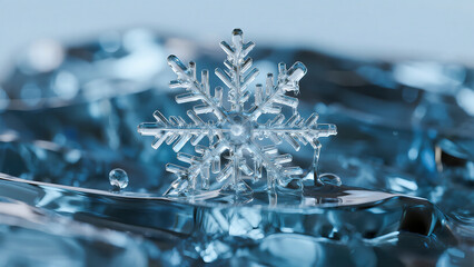An abstract macro photograph captures the delicate geometric structure of individual snowflakes melting on a cool blue glass surface