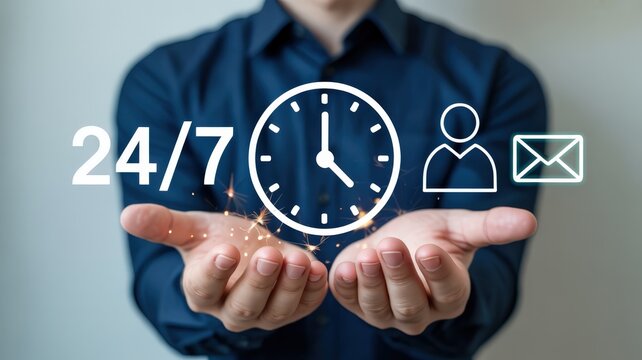 Business professional presents continuous support options with glowing digital icons above outstretched hands