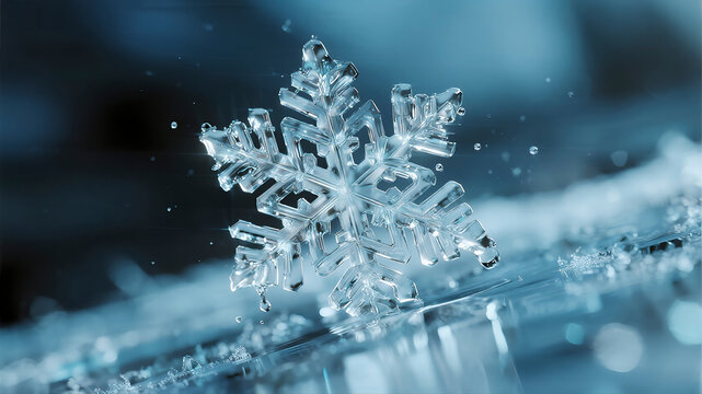 An abstract macro photograph captures the delicate geometric structure of individual snowflakes melting on a cool blue glass surface