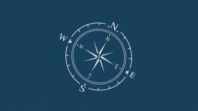 Compass Rose Illustration on Blue Background, Navigation Tool, Directional Guidance, Cartography, Exploration, Adventure, Minimalist Design, Nautical Theme, White Lines