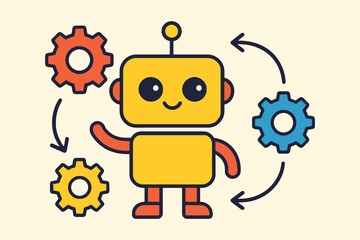 Cute cartoon robot with gears and arrows illustrating automation and technology