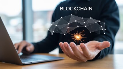 Businessman interacts with a holographic network structure and glowing spark above an open portable computer