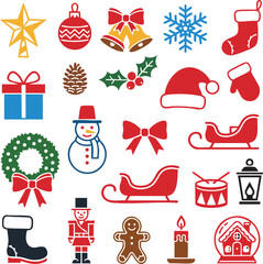 Festive holiday decoration collection featuring colorful symbols for winter celebrations gift box bells snowflake holly leaf snowman candle drum lantern 