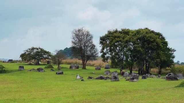 Valley of the Jars, Laos. Phongsavan. Valley of the Jars. The megalithic archaeological landscape consists of thousands of stone jars scattered across the Xiangkhouang Plateau. 4К