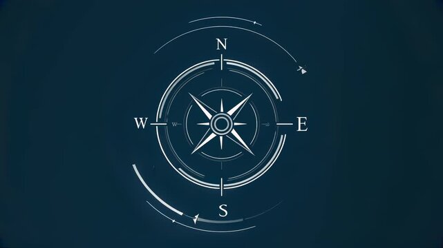 Minimalist Compass Rose Illustration on Dark Blue Background, Navigational Tool for Direction and Exploration, Graphic Design Element