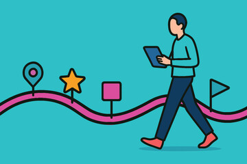 Man walking with tablet on a winding path with milestones and flags