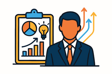 Businessman with clipboard showing growth chart and lightbulb idea