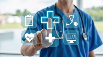 Medical professional interacts with glowing digital icons representing healthcare services and information technology