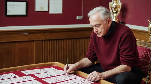 Senior Man Concentrating on Playing Bingo with a Dabber in a Classic Interior Setting, Focused on Winning the Game, Leisure Activity