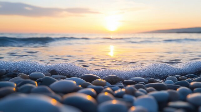 Pebbles on the beach at sunset with waves washing the shore