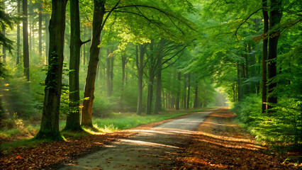 Sunlit forest path with tall green tree canopy