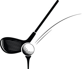 Golf club hitting ball off tee with trajectory line illustration