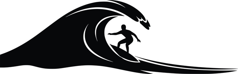 Surfer riding big ocean wave, dynamic black silhouette vector art