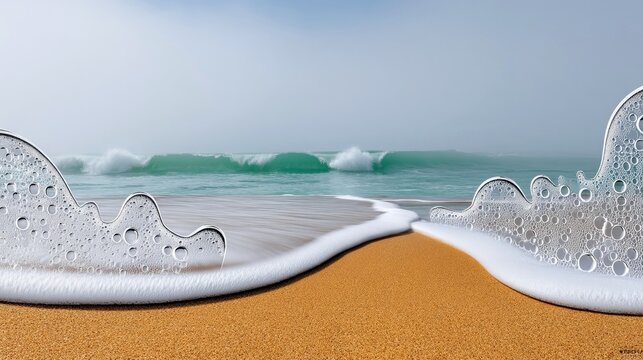 A beautiful coastal landscape featuring waves crashing on a sandy beach. The foamy water creates a dynamic and serene scene.