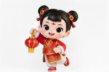 Cute chibi Chinese opera performer in festive red costume, holding small lantern, joyful expression, glossy toy figurine style, isolated on pure white background