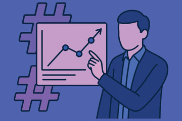 Man points to a rising graph on a screen with hashtags