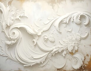 Elegant plasterwork panel with swirling baroque elements on neutral background