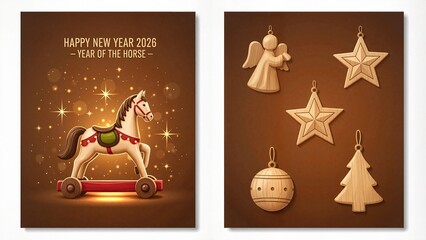 Christmas card with toy horse and wooden Christmas ornaments on creamy chocolate backgrounds