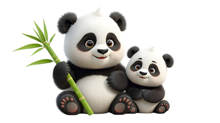 3d panda bear with a baby panda with a bamboo on transparent background