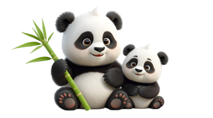 3d panda bear with a baby panda with a bamboo on transparent background