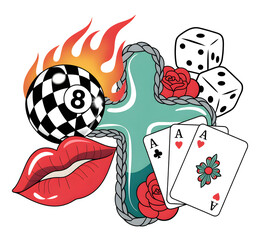 Edgy tattoo style illustration with dice, cards, flaming 8 ball, and lips conveying a rebellious yet fun spirited mood, perfect for modern creative concepts