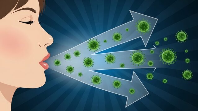Viral Breath Woman Exhales Germs in Airborne Arrows Health concept.